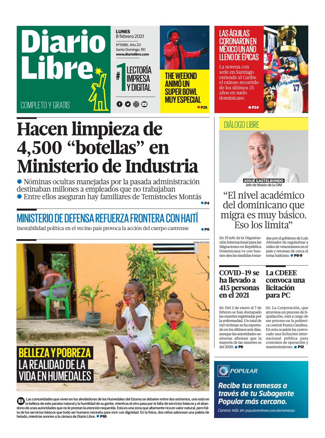 Portada Periódico Diario Libre, Lunes 08 de Febrero, 2021