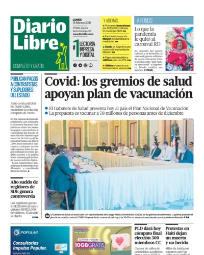 Portada Periódico Diario Libre, Lunes 15 de Febrero, 2021