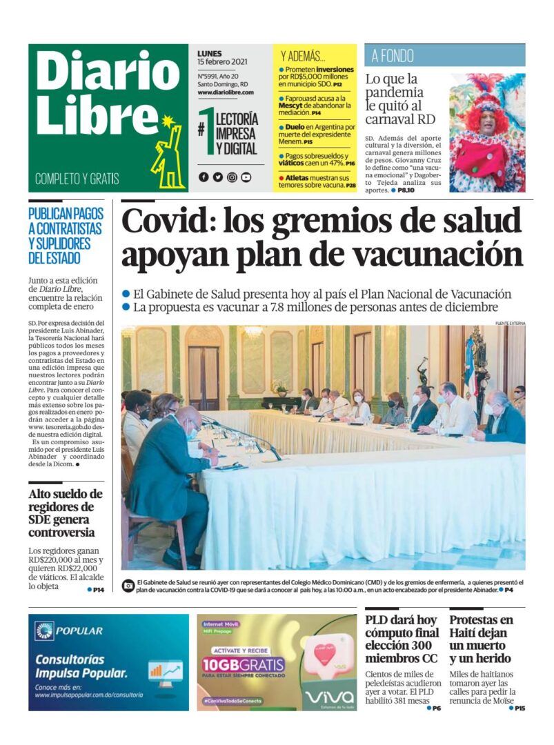 Portada Periódico Diario Libre, Lunes 15 de Febrero, 2021