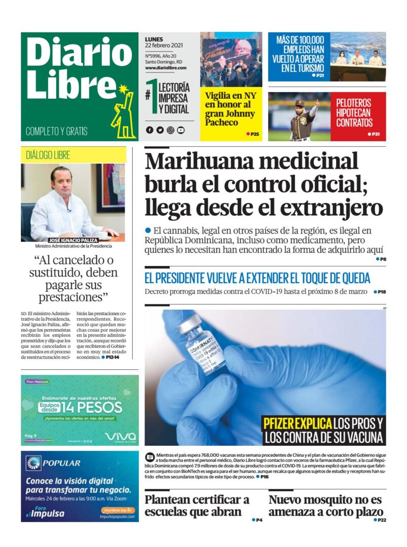 Portada Periódico Diario Libre, Lunes 22 de Febrero, 2021
