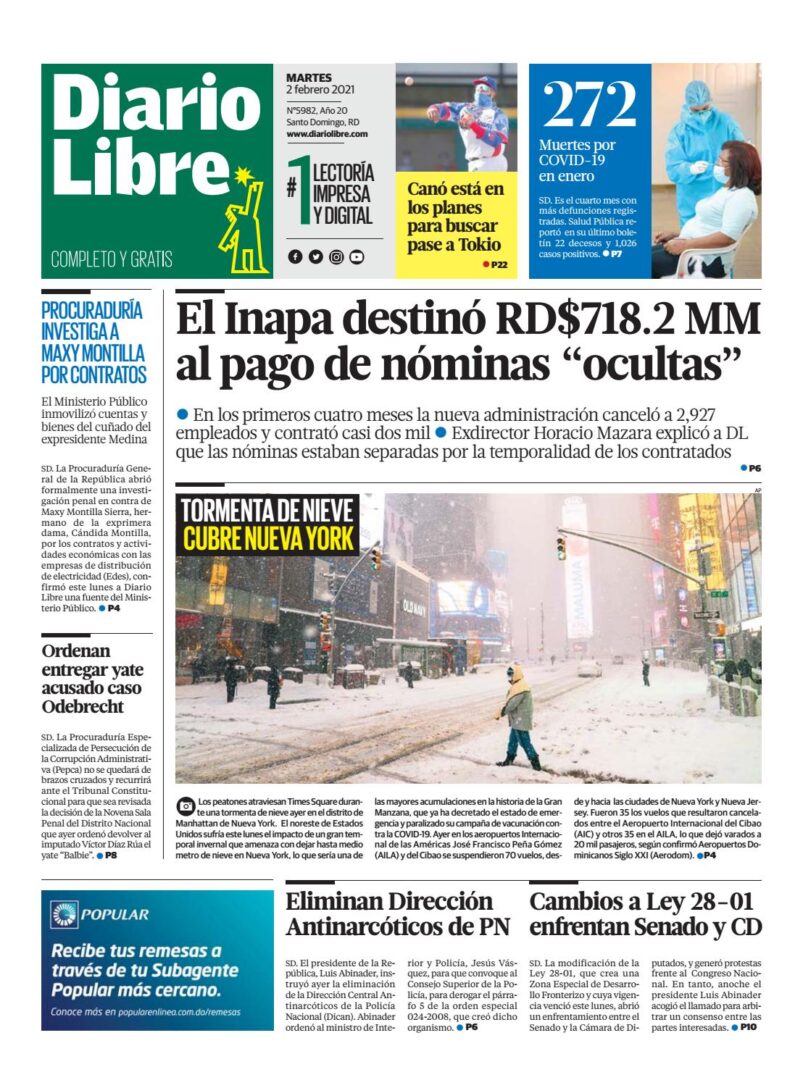 Portada Periódico Diario Libre, Martes 02 de Febrero, 2021