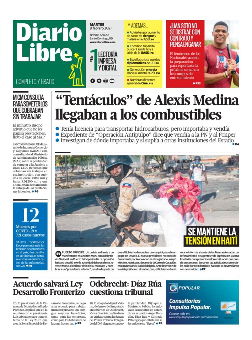 Portada Periódico Diario Libre, Martes 09 de Febrero, 2021