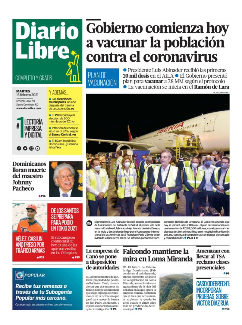 Portada Periódico Diario Libre, Martes 16 de Febrero, 2021