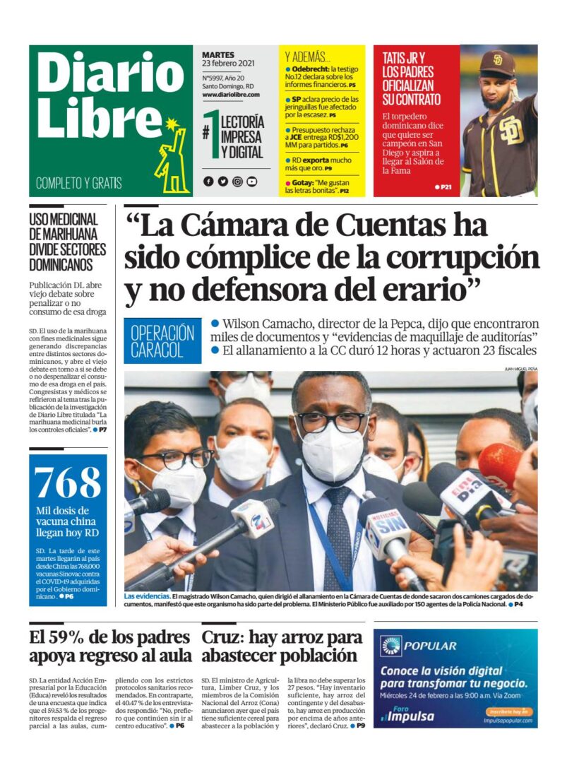 Portada Periódico Diario Libre, Martes 23 de Febrero, 2021