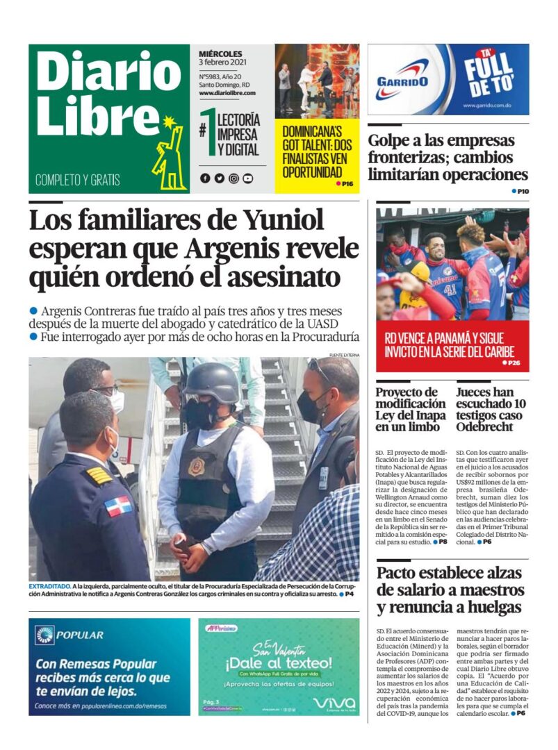 Portada Periódico Diario Libre, Miércoles 03 de Febrero, 2021