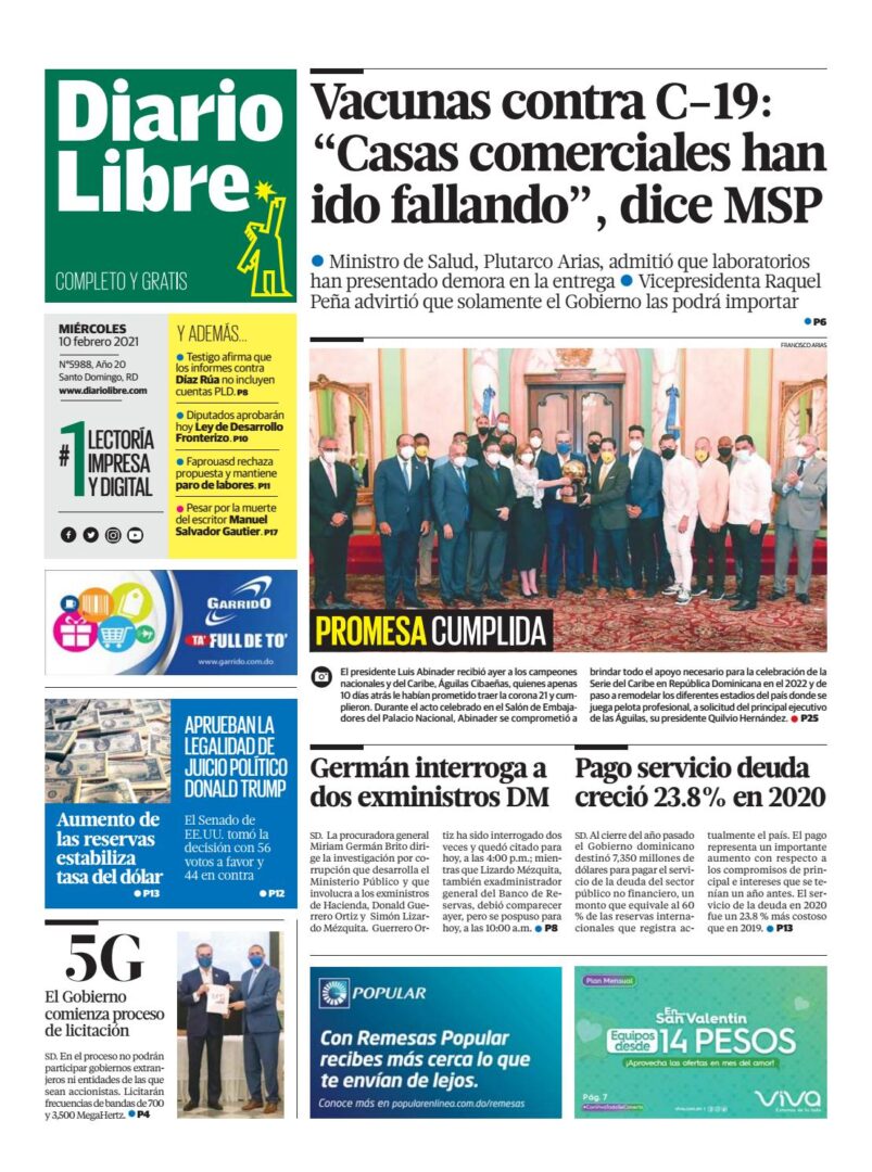 Portada Periódico Diario Libre, Miércoles 10 de Febrero, 2021