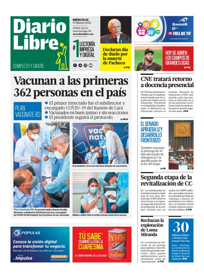 Portada Periódico Diario Libre, Miércoles 17 de Febrero, 2021