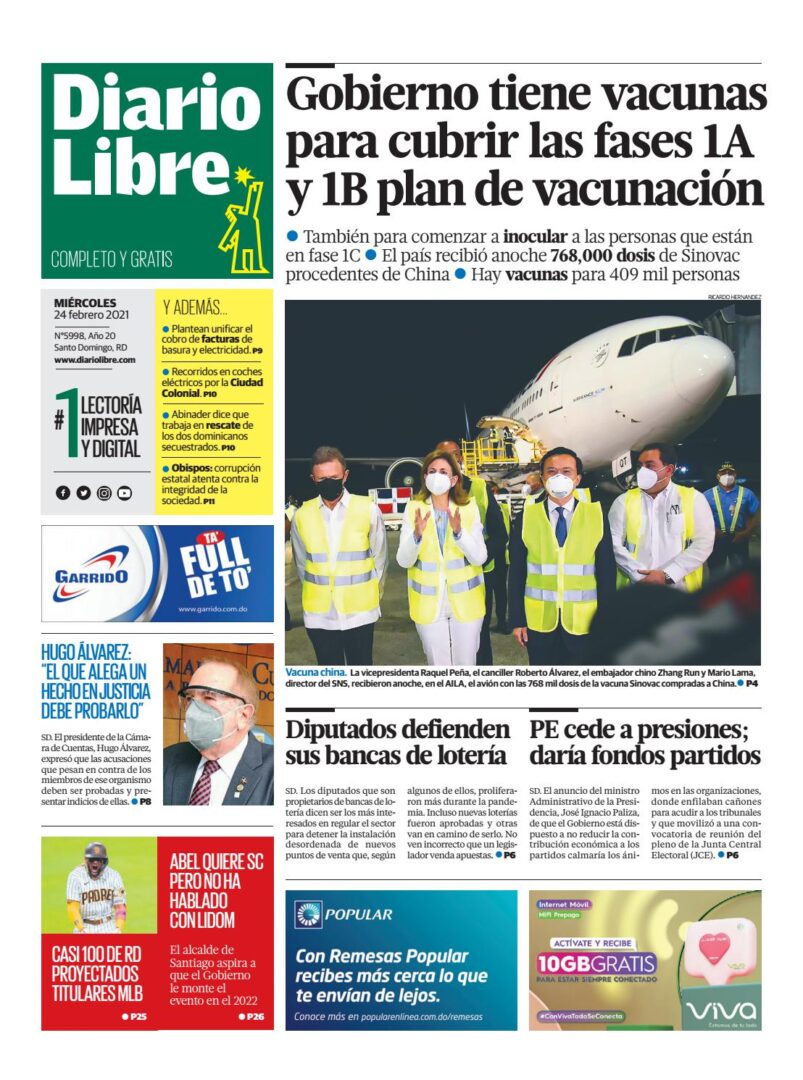 Portada Periódico Diario Libre, Miércoles 24 de Febrero, 2021