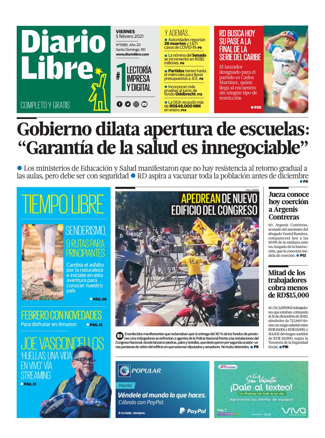 Portada Periódico Diario Libre, Sábado 06 de Febrero, 2021