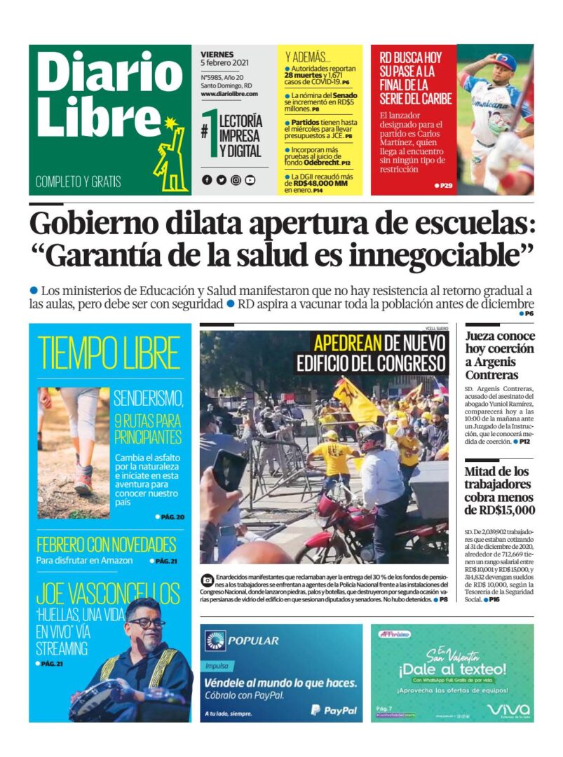 Portada Periódico Diario Libre, Viernes 05 de Febrero, 2021