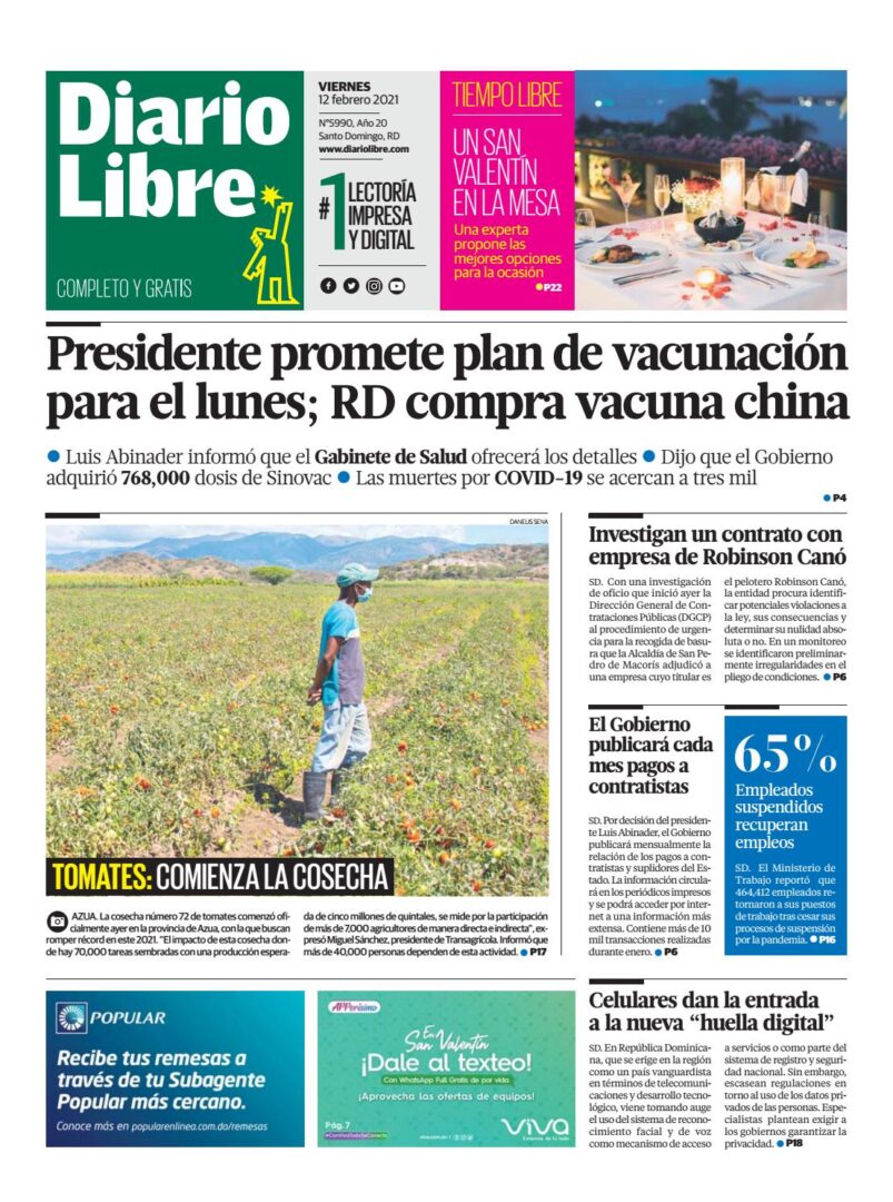 Portada Periódico Diario Libre, Viernes 12 de Febrero, 2021