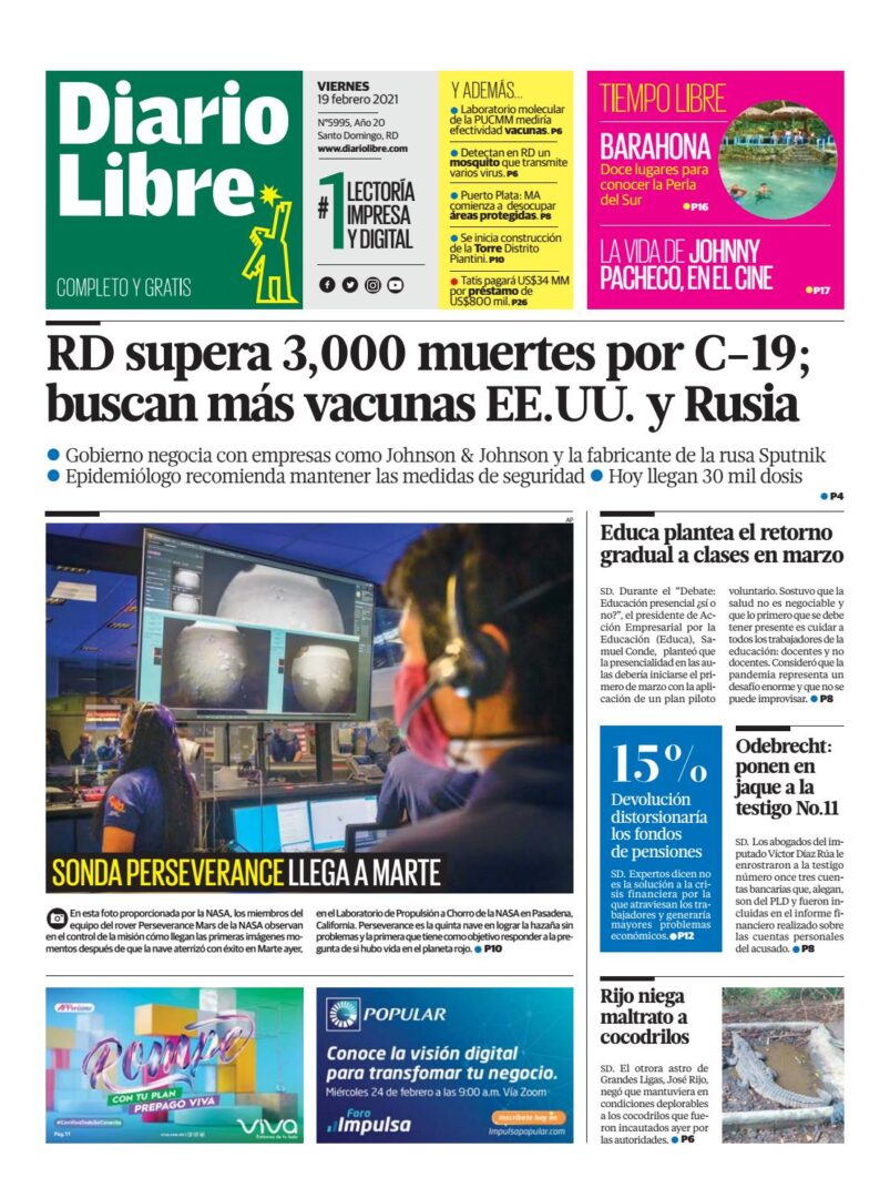 Portada Periódico Diario Libre, Viernes 19 de Febrero, 2021