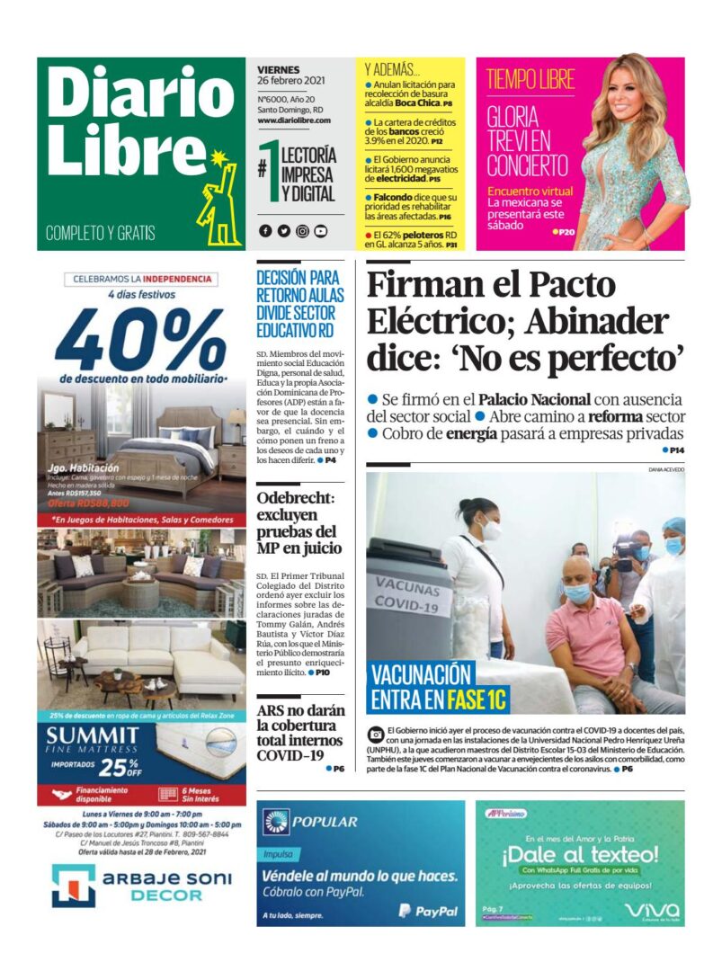 Portada Periódico Diario Libre, Viernes 26 de Febrero, 2021
