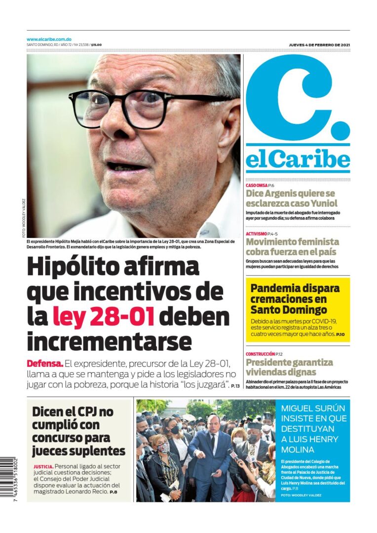 Portada Periódico El Caribe, Jueves 04 de Febrero, 2021