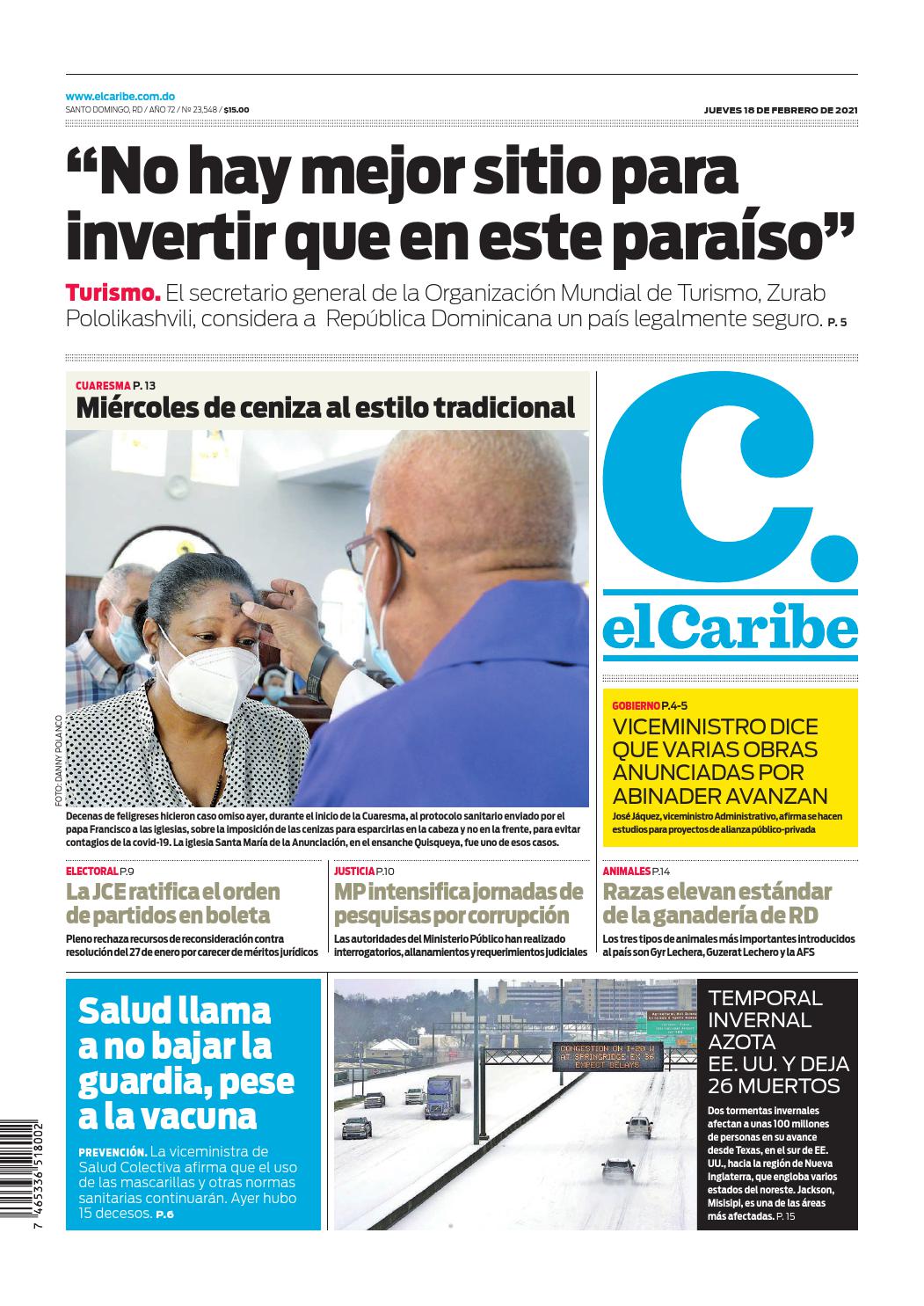 Portada Periódico El Caribe, Jueves 18 de Febrero, 2021