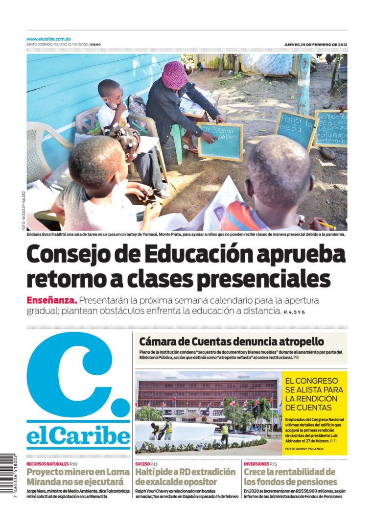 Portada Periódico El Caribe, Jueves 25 de Febrero, 2021