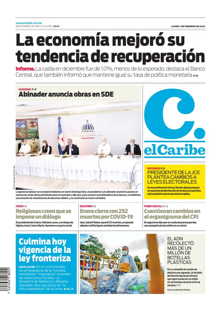 Portada Periódico El Caribe, Lunes 01 de Febrero, 2021