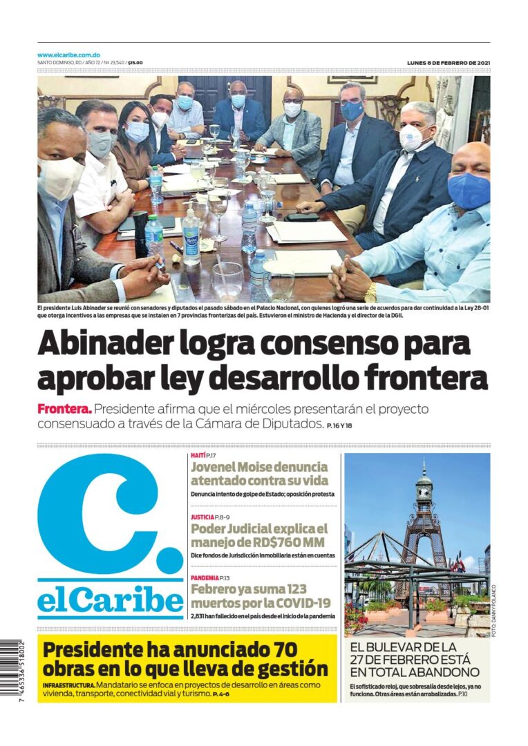 Portada Periódico El Caribe, Lunes 08 de Febrero, 2021