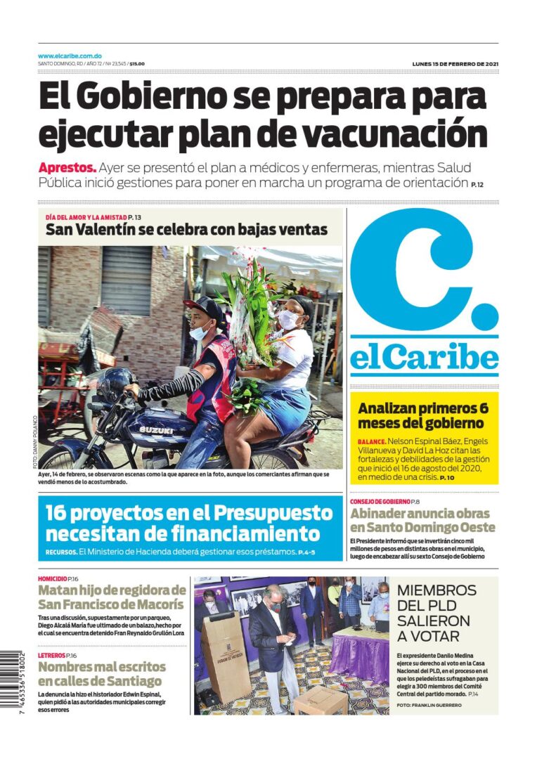 Portada Periódico El Caribe, Lunes 15 de Febrero, 2021