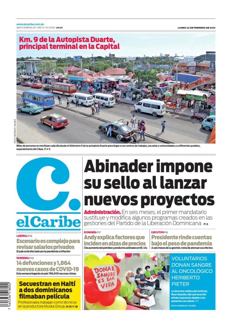 Portada Periódico El Caribe, Lunes 22 de Febrero, 2021