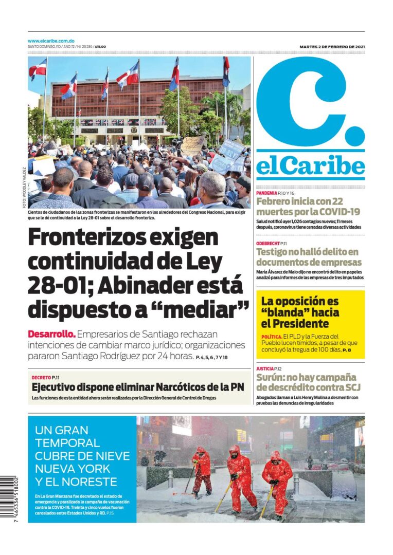 Portada Periódico El Caribe, Martes 02 de Febrero, 2021