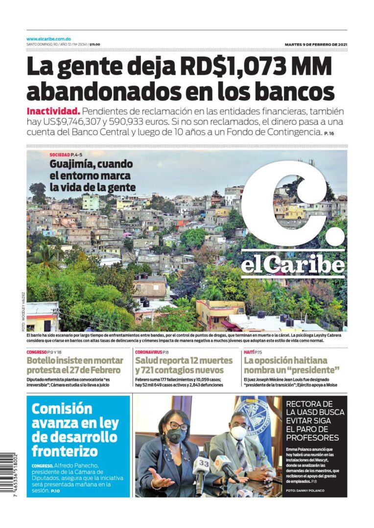 Portada Periódico El Caribe, Martes 09 de Febrero, 2021