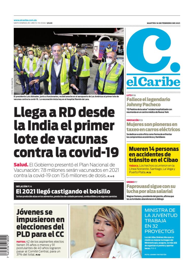 Portada Periódico El Caribe, Martes 16 de Febrero, 2021