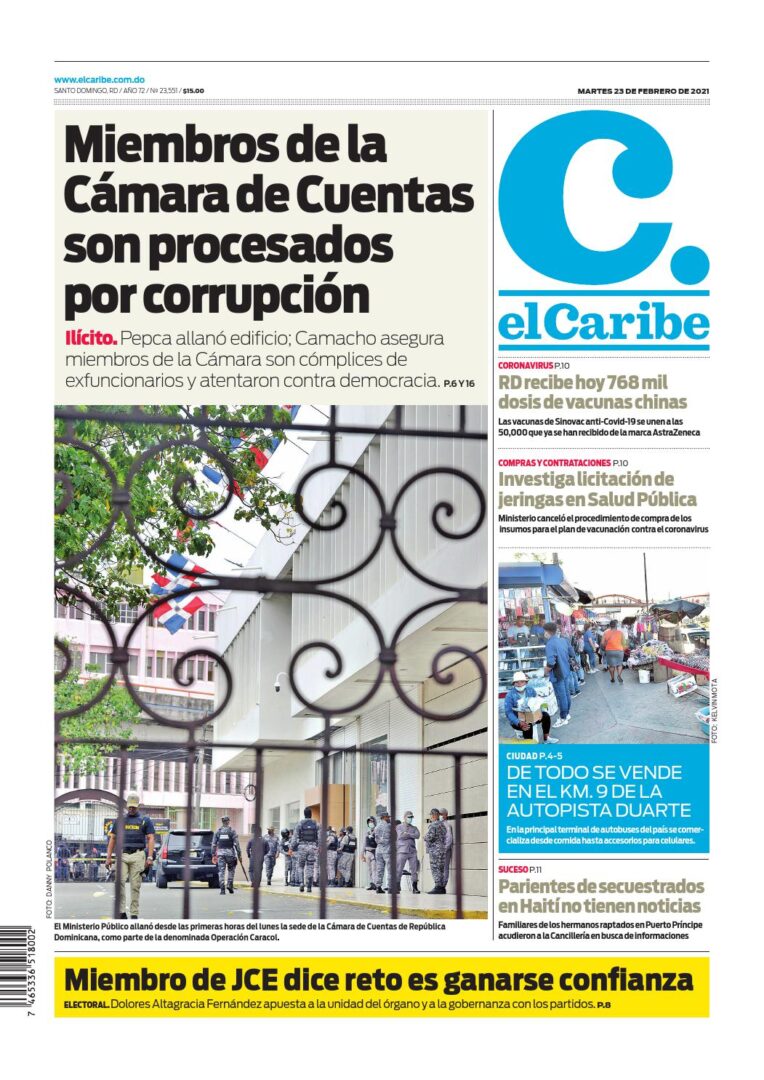 Portada Periódico El Caribe, Martes 23 de Febrero, 2021