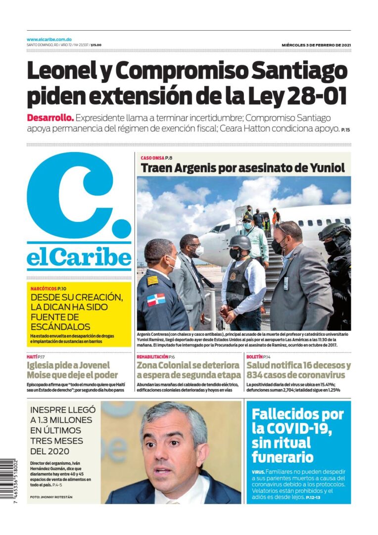 Portada Periódico El Caribe, Miércoles 03 de Febrero, 2021