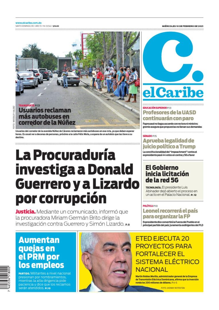 Portada Periódico El Caribe, Miércoles 10 de Febrero, 2021