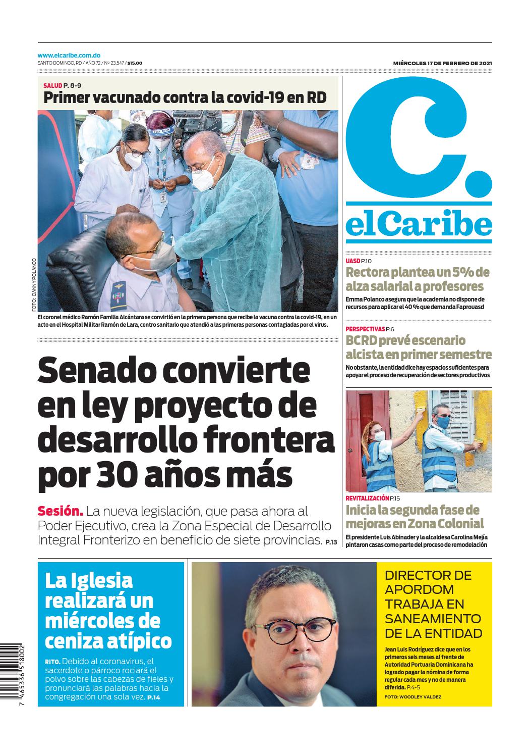 Portada Periódico El Caribe, Miércoles 17 de Febrero, 2021