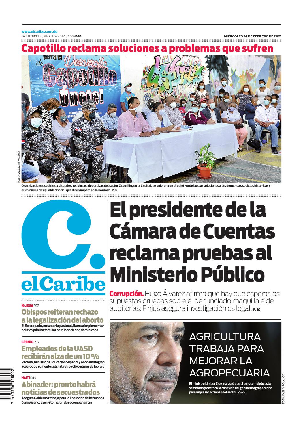 Portada Periódico El Caribe, Miércoles 24 de Febrero, 2021