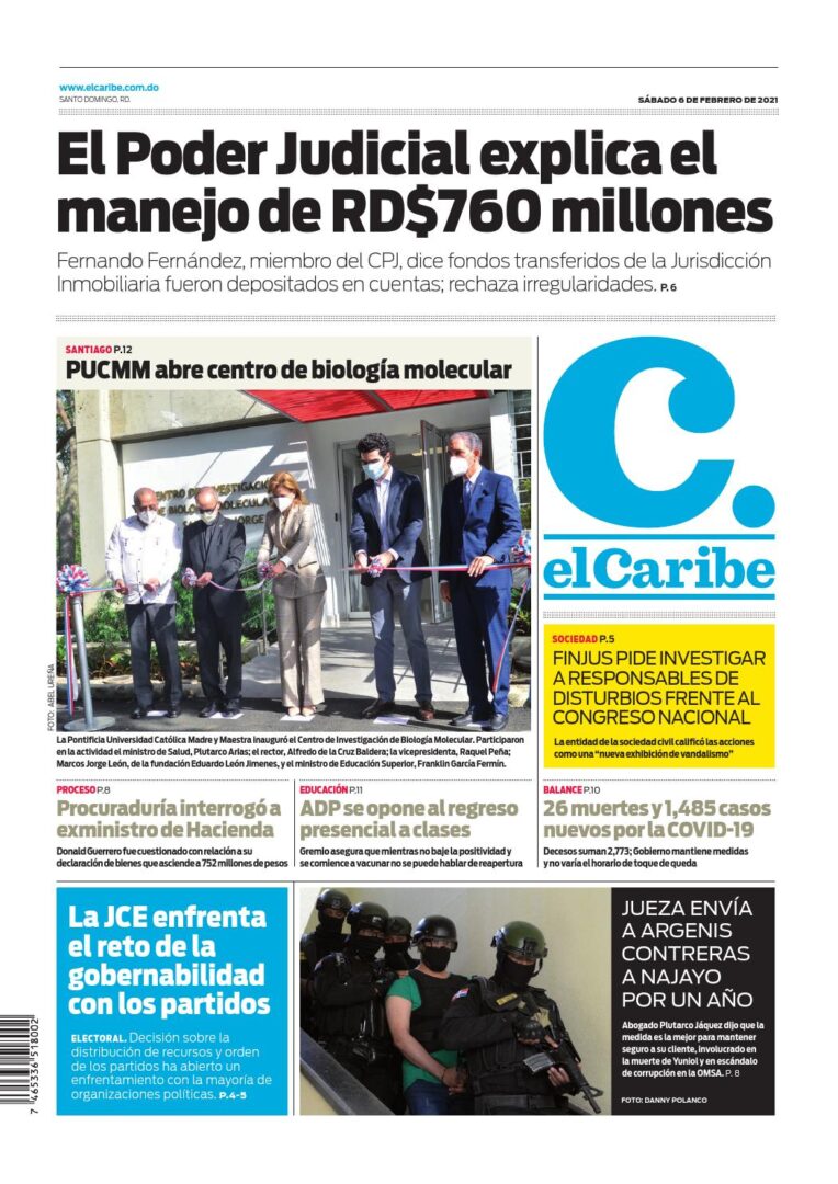 Portada Periódico El Caribe, Sábado 06 de Febrero, 2021