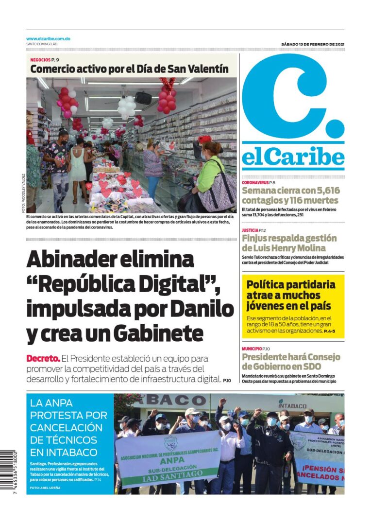 Portada Periódico El Caribe, Sábado 13 de Febrero, 2021