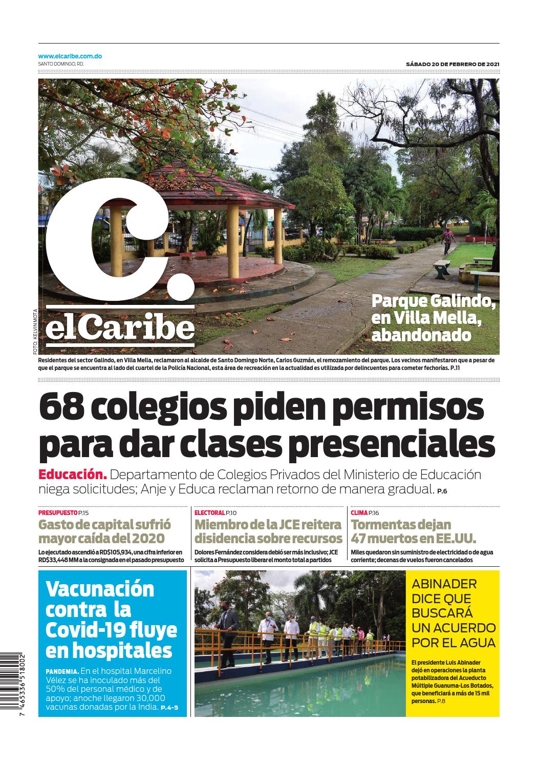 Portada Periódico El Caribe, Sábado 20 de Febrero, 2021