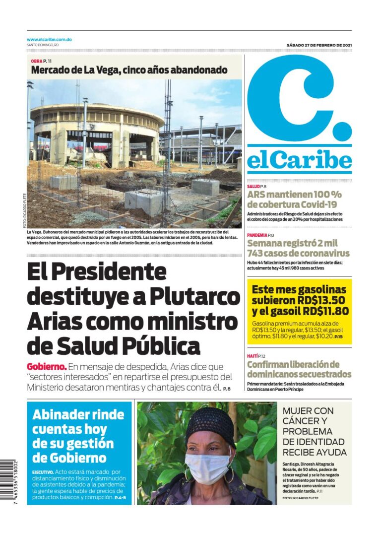 Portada Periódico El Caribe, Viernes 26 de Febrero, 2021