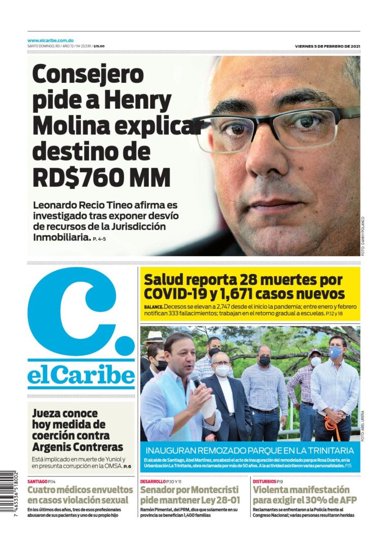 Portada Periódico El Caribe, Viernes 05 de Febrero, 2021