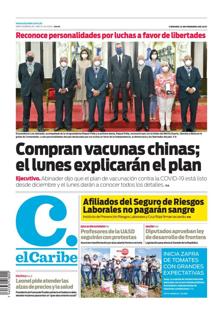 Portada Periódico El Caribe, Viernes 12 de Febrero, 2021