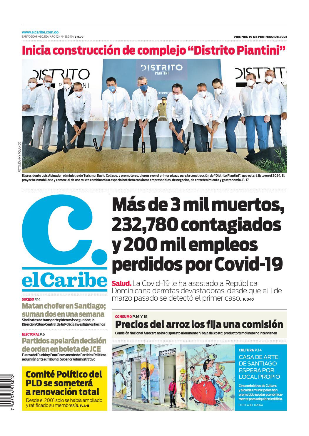 Portada Periódico El Caribe, Viernes 19 de Febrero, 2021