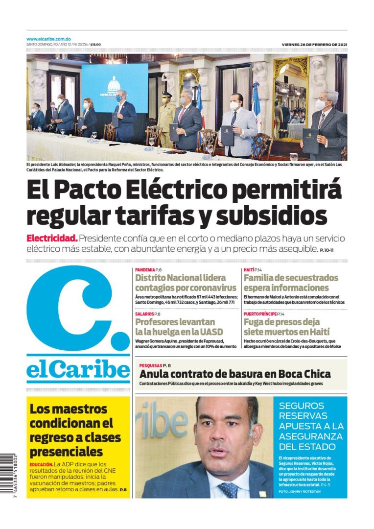 Portada Periódico El Caribe, Viernes 26 de Febrero, 2021