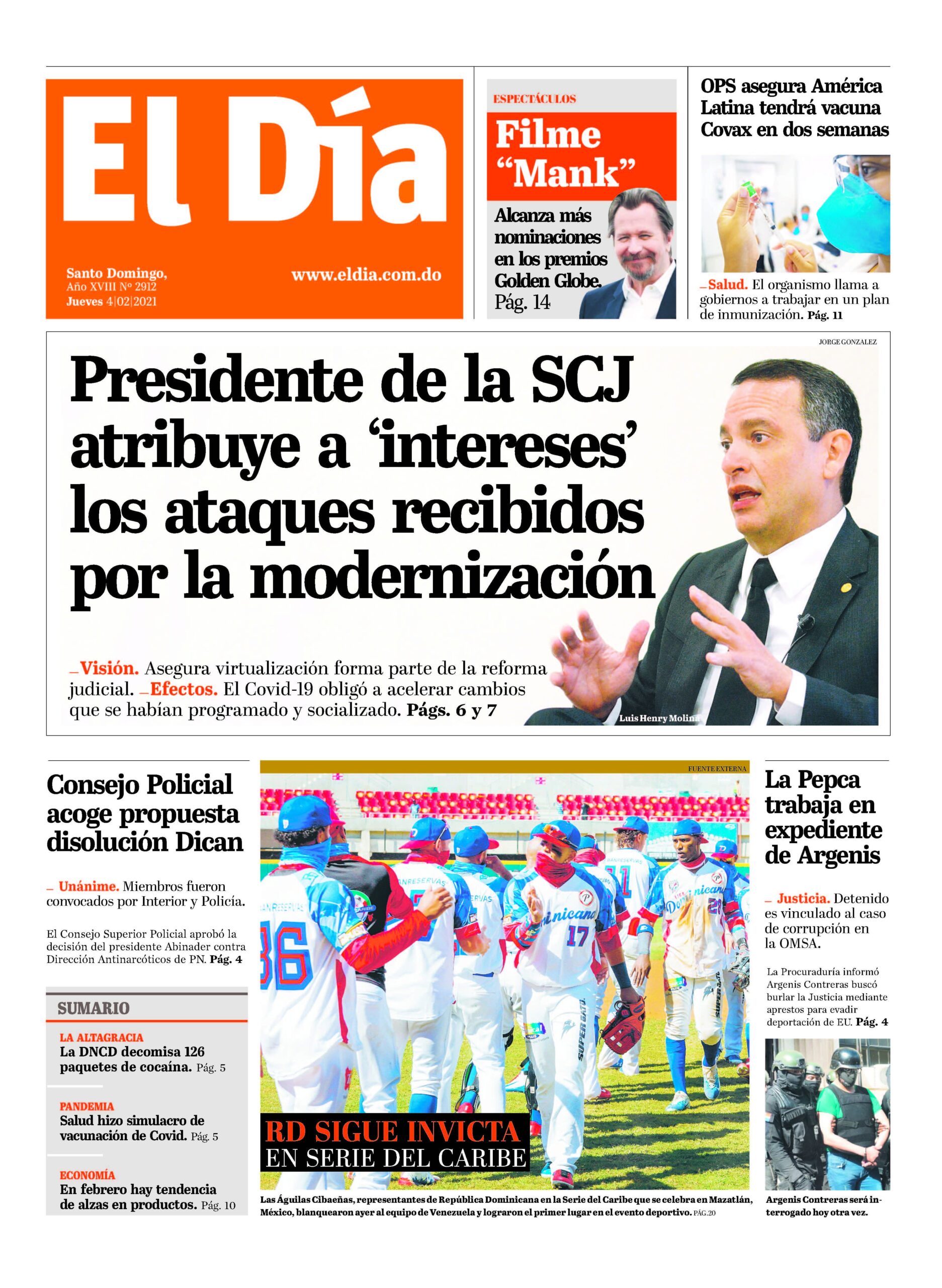 Portada Periódico El Día, Jueves 04 de Febrero, 2021