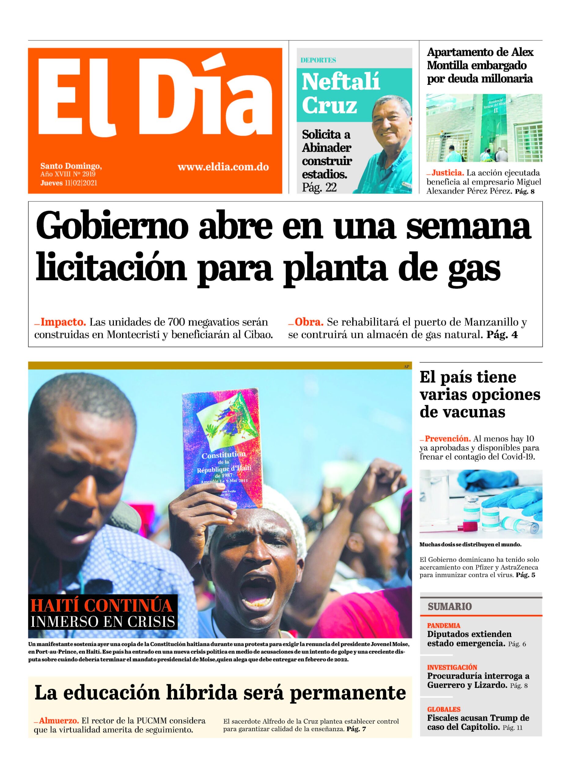 Portada Periódico El Día, Jueves 11 de Febrero, 2021