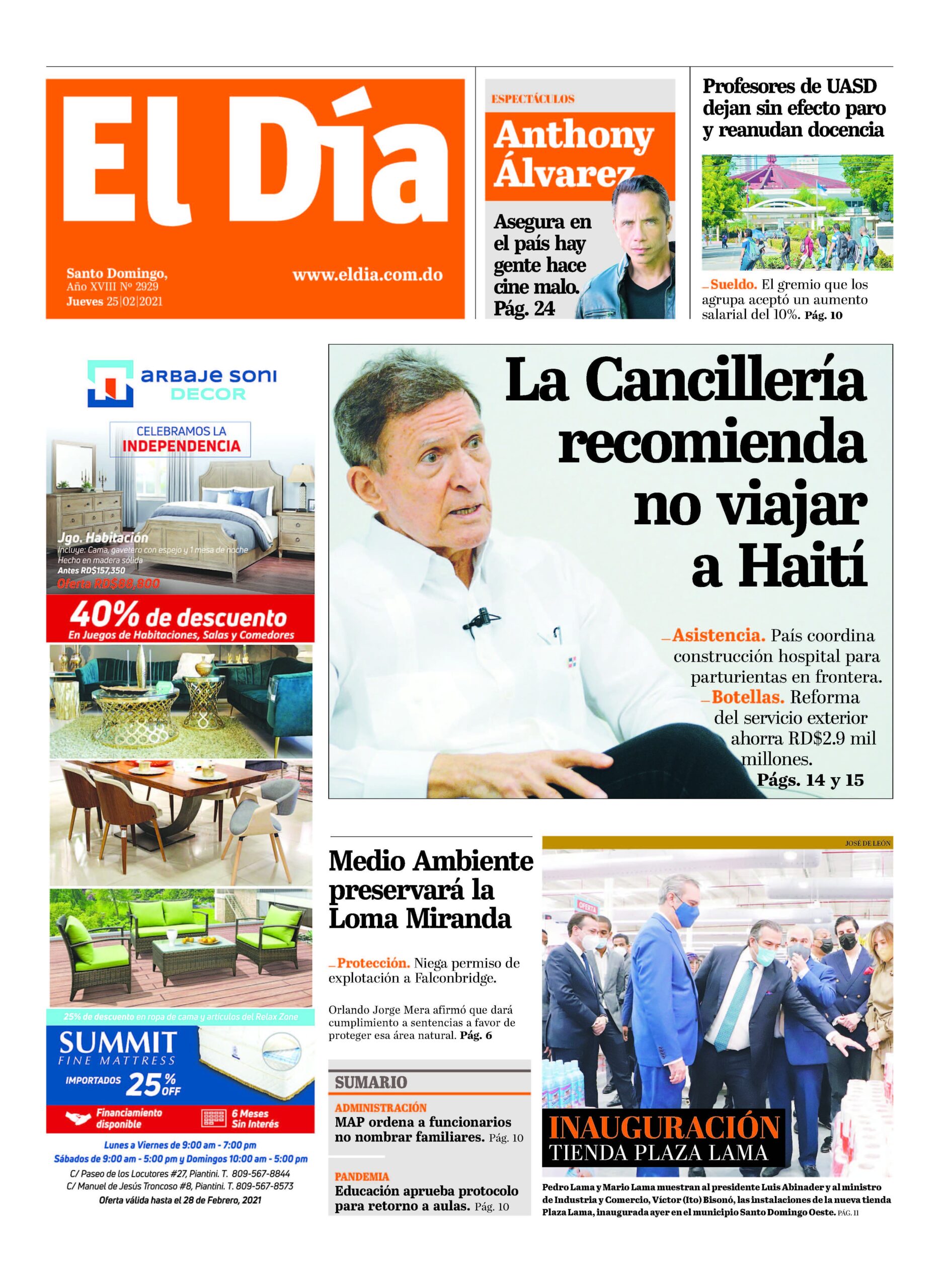 Portada Periódico El Día, Jueves 25 de Febrero, 2021