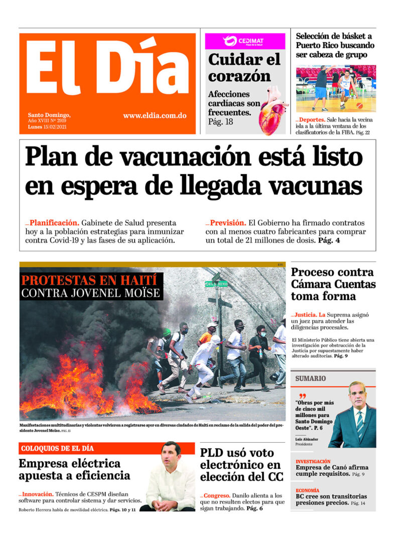Portada Periódico El Día, Lunes 15 de Febrero, 2021