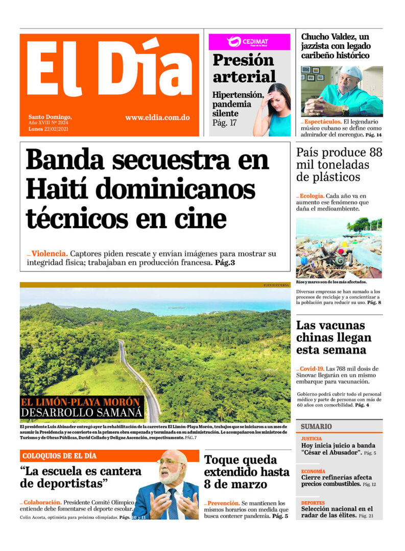 Portada Periódico El Día, Lunes 22 de Febrero, 2021