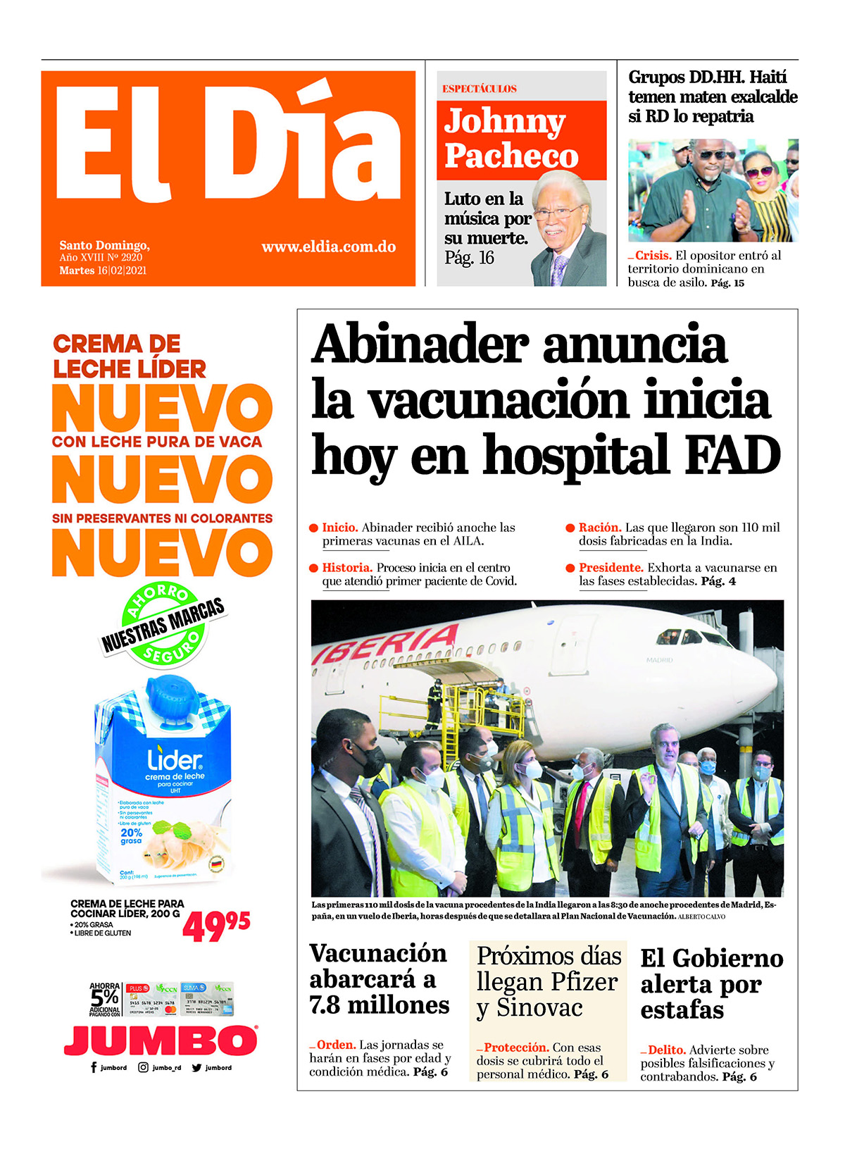 Portada Periódico El Día, Martes 16 de Febrero, 2021