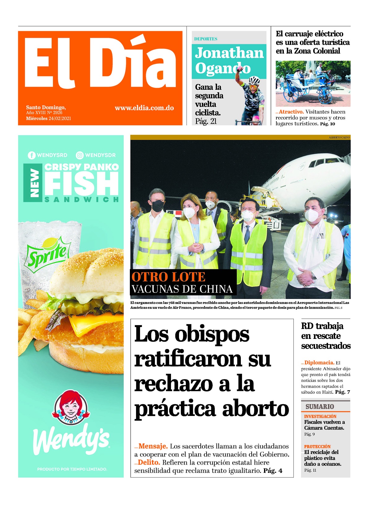 Portada Periódico El Día, Miércoles 24 de Febrero, 2021