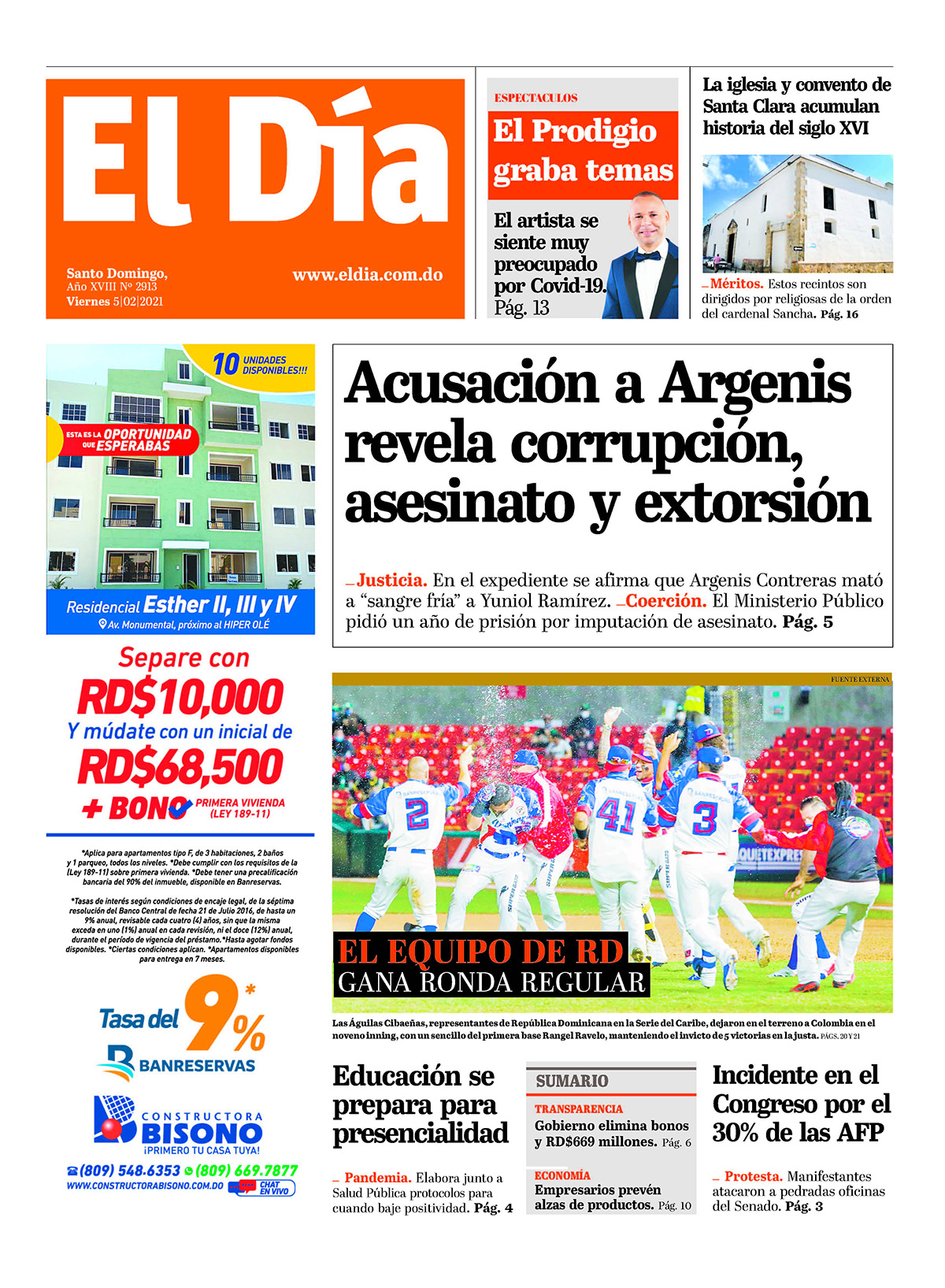 Portada Periódico El Día, Viernes 05 de Febrero, 2021