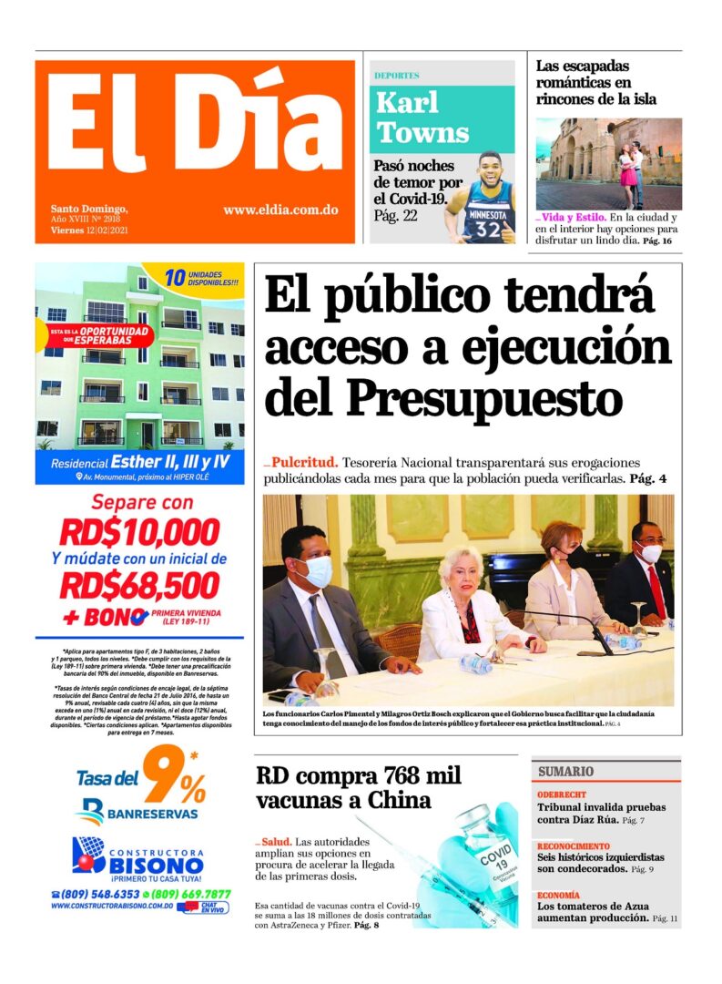 Portada Periódico El Día, Viernes 12 de Febrero, 2021