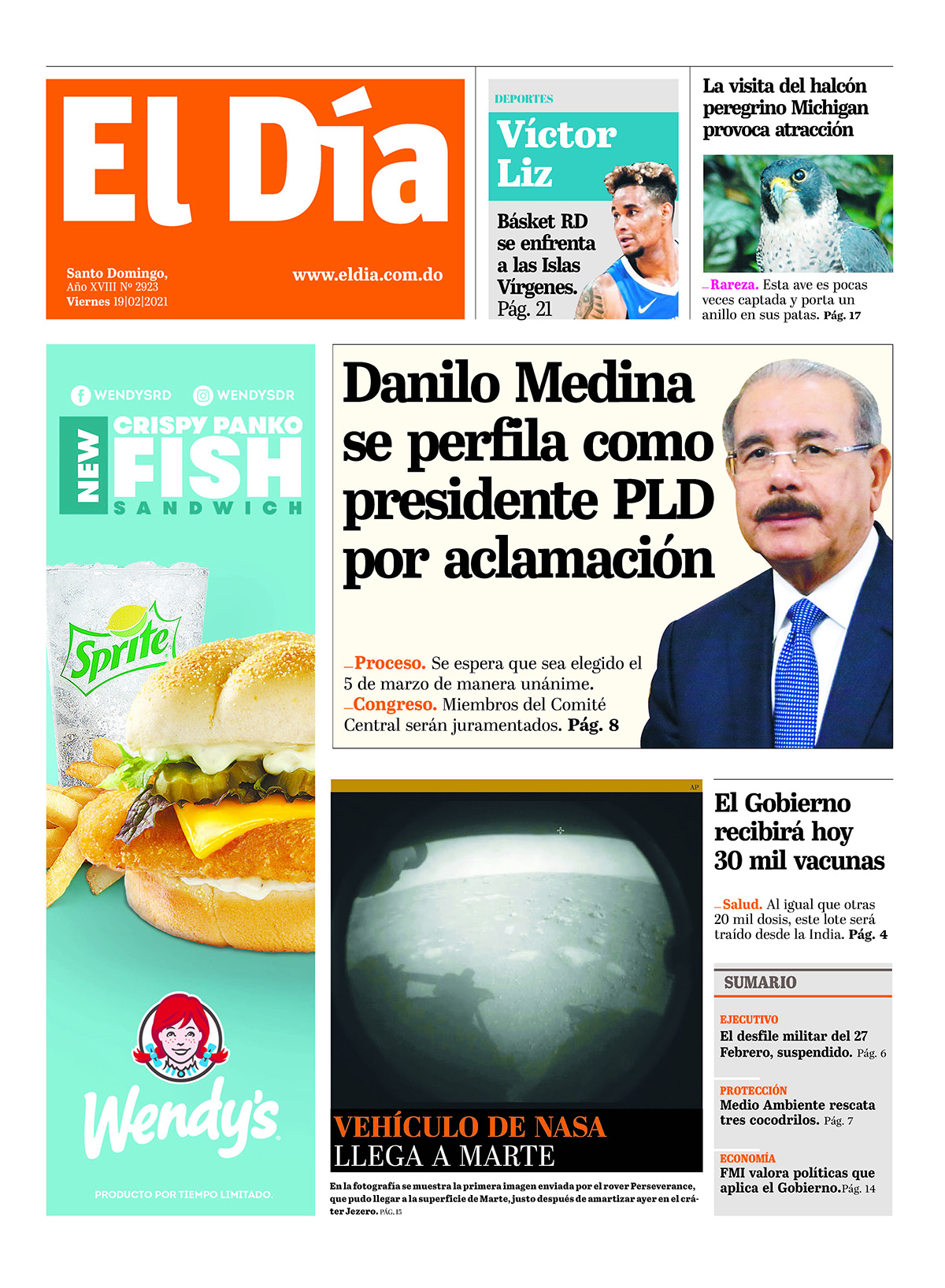 Portada Periódico El Día, Viernes 19 de Febrero, 2021